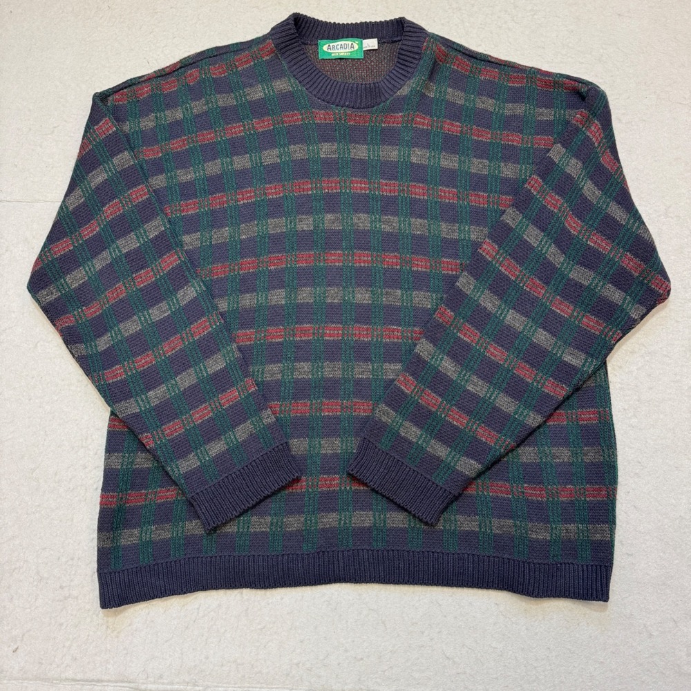 VTG 90s Arcadia Sweater Mens L Blue Red Green Plaid Knit‎ Stripe USA Crewneck